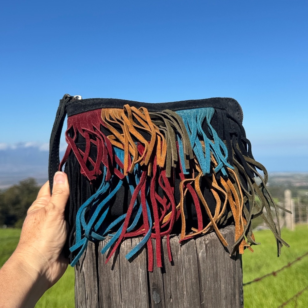 PATRICIA NASH Black Suede leather Multicolor Fringe Wristlet Bag Westen